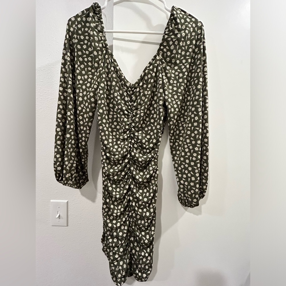 Dark green floral ruched dress, size M